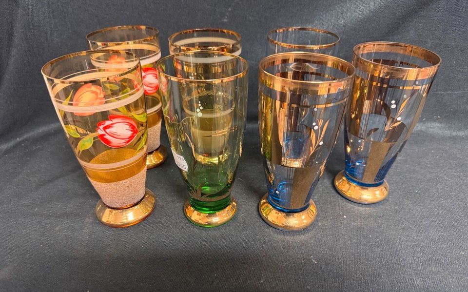 7x Biergläser Gold mit Blumen